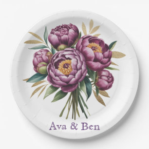 Elegant Purple Watercolor Peony Floral Wedding Paper Plates