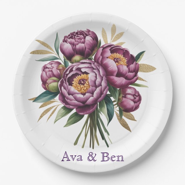 Elegant Purple Watercolor Peony Floral Wedding Paper Plates (Front)