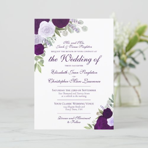 Elegant Purple Watercolor Roses Formal Wedding Invitation
