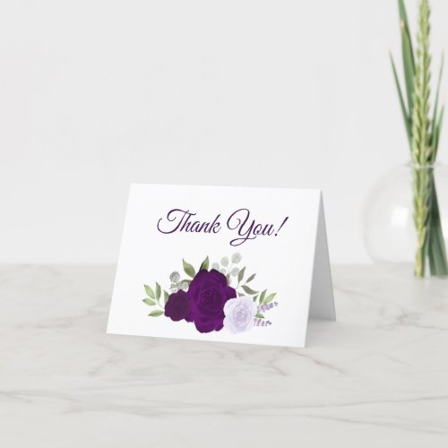 Elegant Purple Watercolor Roses Wedding Photo Thank You Card