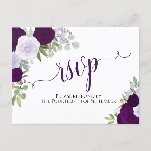 Elegant Purple Watercolor Roses Wedding RSVP Postcard