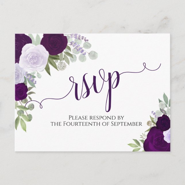 Elegant Purple Watercolor Roses Wedding RSVP Postcard (Front)