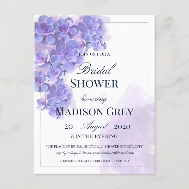 Elegant Purple Watercolor Succulents Bridal Shower Invitation Postcard (Front)