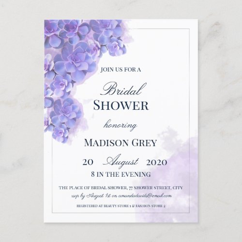 Elegant Purple Watercolor Succulents Bridal Shower Invitation Postcard