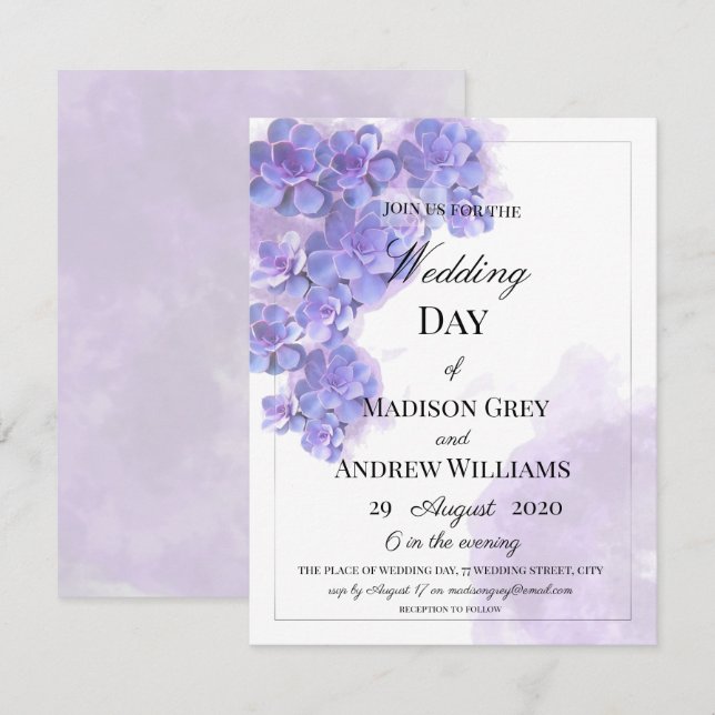 Elegant Purple Watercolor Succulents Wedding Invitation (Front/Back)