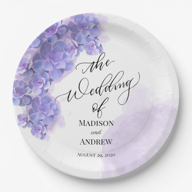 Elegant Purple Watercolor Succulents Wedding Paper Plate