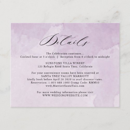 Elegant Purple Watercolor Wedding Details Enclosure Card