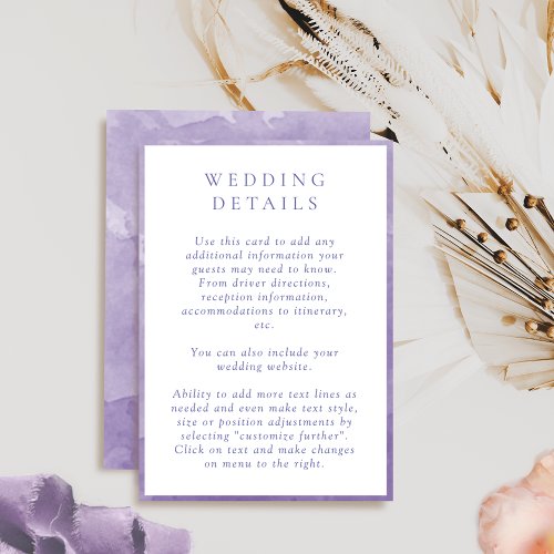Elegant Purple Watercolor Wedding Details Enclosure Card