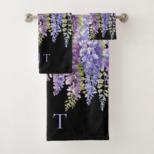 Elegant purple watercolor wisteria floral  bath towel set