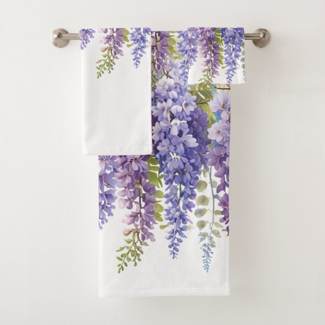Elegant purple watercolor wisteria floral  bath towel set (Insitu)