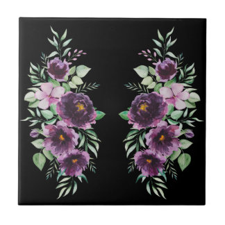 Elegant purple watercolor wisteria floral black ceramic tile