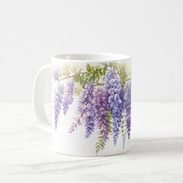 Elegant purple watercolor wisteria floral  coffee mug (Front Left)