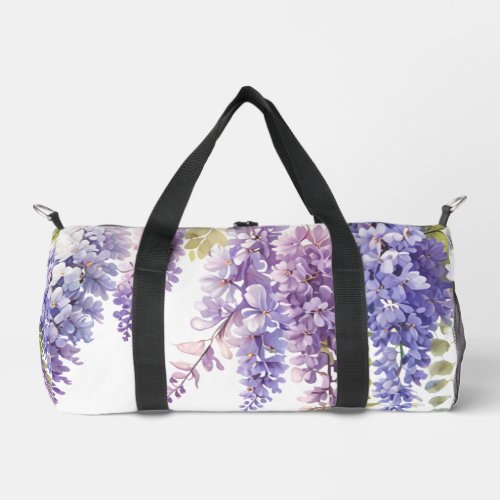 Elegant purple watercolor wisteria floral  duffle bag