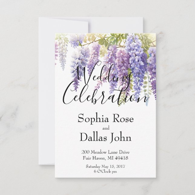 Elegant purple watercolor wisteria lilac wedding invitation (Front)
