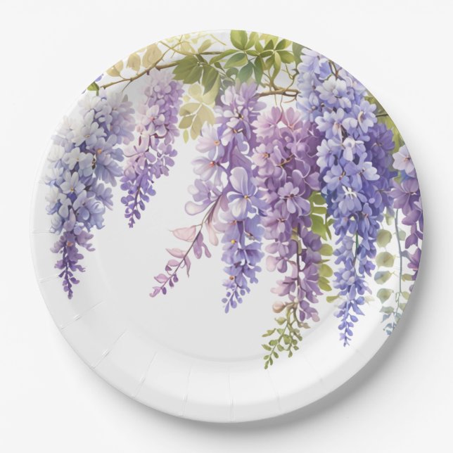 Elegant purple watercolor wisteria purple floral  paper plates (Front)
