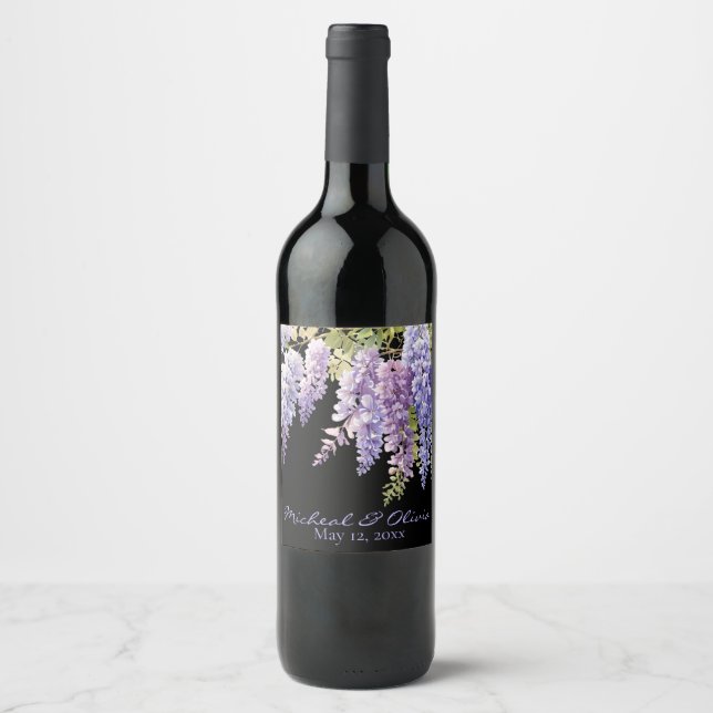 Elegant purple watercolor wisteria purple floral  wine label (Front)
