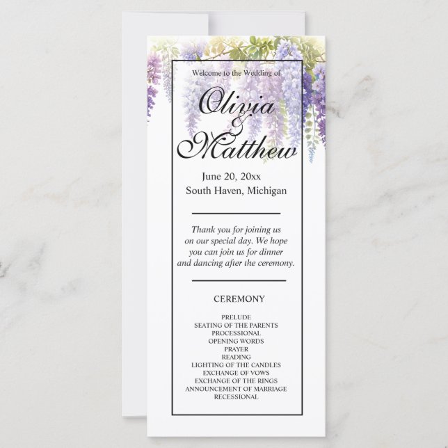 Elegant purple watercolor wisteria wedding program (Front)