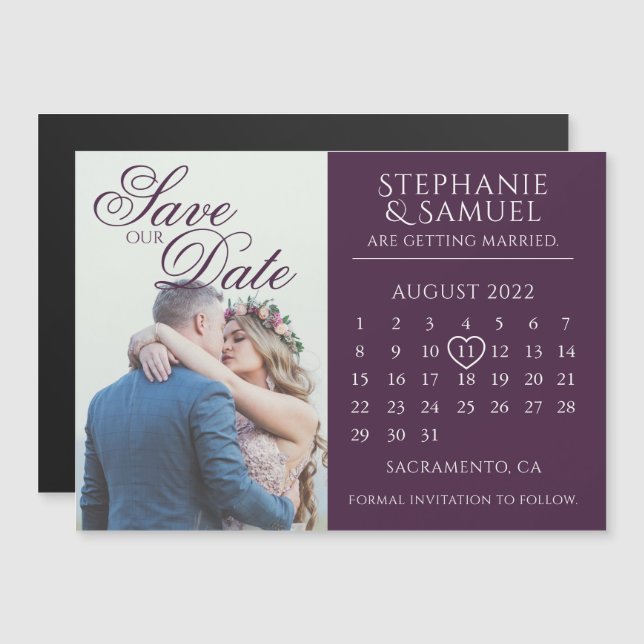 Elegant Purple Wedding Calendar Save the Date Magn Magnetic Invitation (Front/Back)