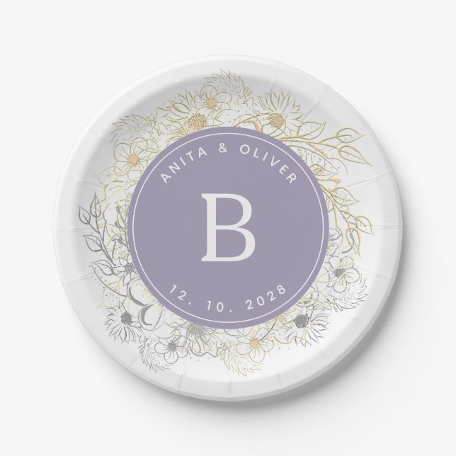 Elegant Purple Wedding Monogram Paper Plates (Front)