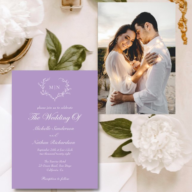 Elegant Purple Wedding Monogram Photo Invitation (Creator Uploaded)