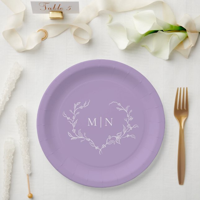Elegant Purple Wedding Monogram Wreath Paper Plates (Wedding)