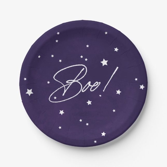 Elegant Purple/White Boo! Halloween Party Paper Plates (Front)