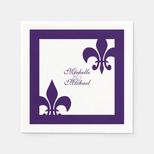 Elegant Purple White Fleur de Lis Wedding Paper Napkins