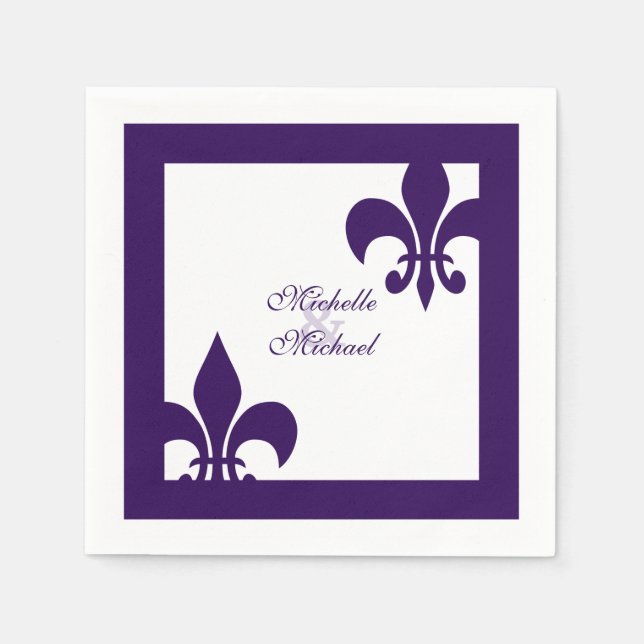 Elegant Purple White Fleur de Lis Wedding Paper Napkins (Front)