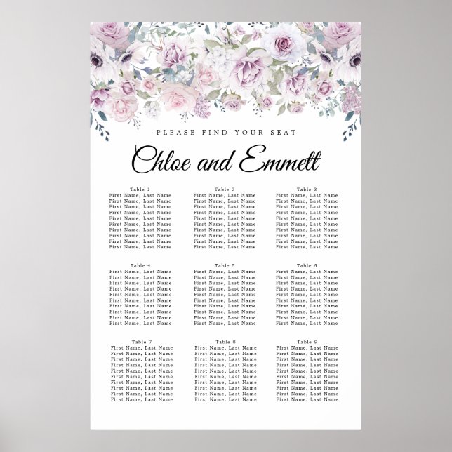 Elegant Purple White Floral 9-Table Seating Chart (Front)