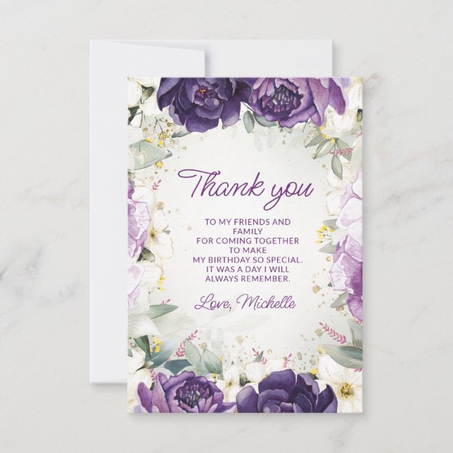 Elegant Purple White Floral Birthday Thank You Card (Front)