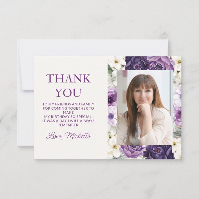 Elegant Purple White Floral Birthday Thank You Card (Front)