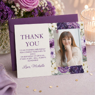 Elegant Purple White Floral Birthday Thank You Card