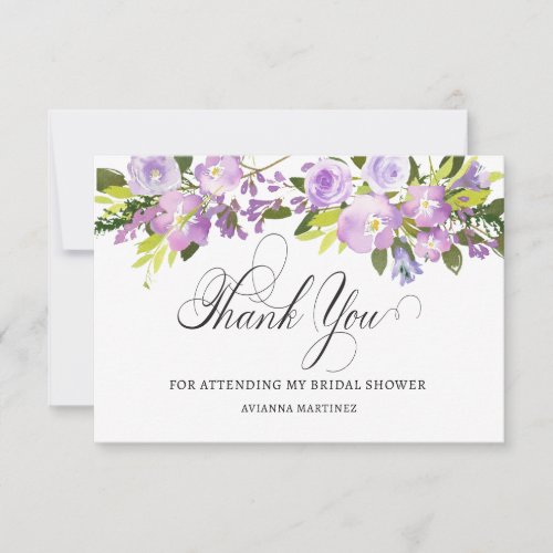 Elegant Purple White Floral Bridal Shower Flat Thank You Card