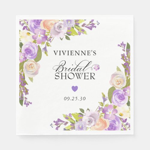 Elegant Purple White Floral Bridal Shower  Napkins