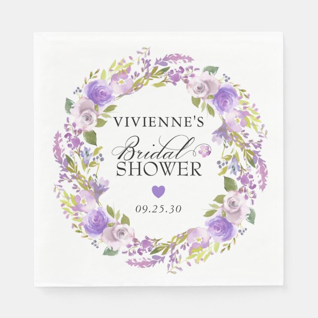 Elegant Purple White Floral Bridal Shower Napkins (Front)