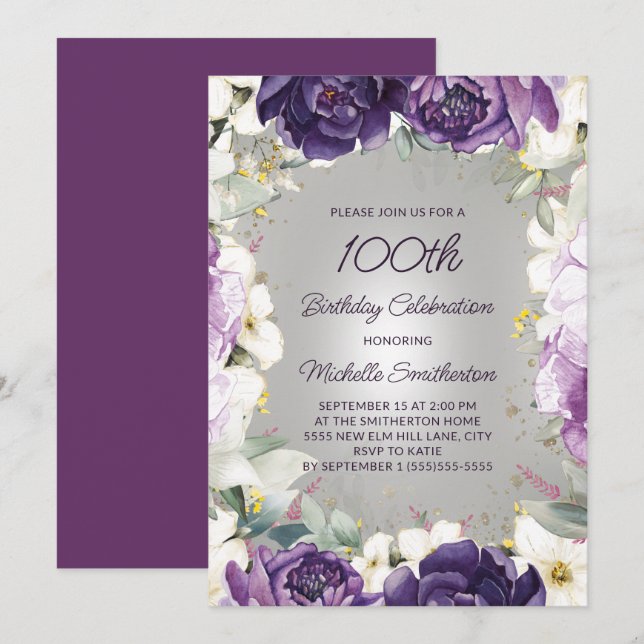 Elegant Purple White Floral Glitter 100th Birthday Invitation (Front/Back)