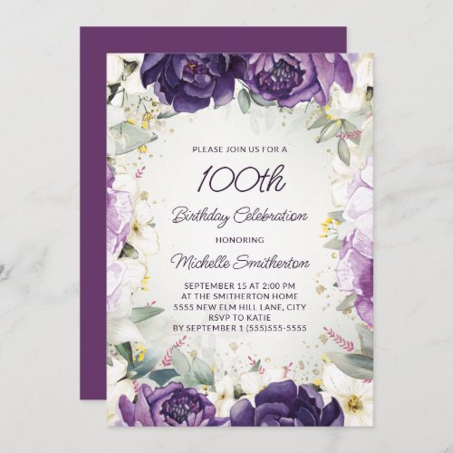 Elegant Purple White Floral Glitter 100th Birthday Invitation
