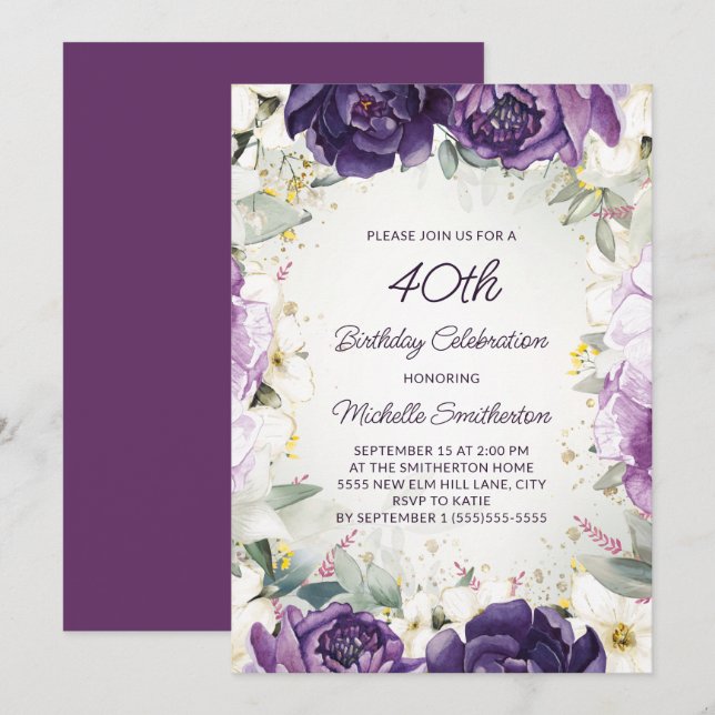 Elegant Purple White Floral Glitter 40th Birthday Invitation (Front/Back)