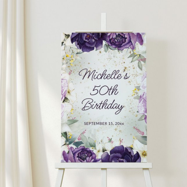 Elegant Purple White Floral Glitter 50th Birthday  Foam Board (Creator Uploaded)