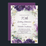 Elegant Purple White Floral Glitter 70th Birthday Invitation<br><div class="desc">Elegant 70th birthday party invitation for women with pretty white and purple hand-painted flowers and sage green leaves accented with gold glitter. Personalized with a name and all of your party information. Contact me for assistance with your customizations or to request additional matching Zazzle products for your party.</div>