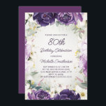 Elegant Purple White Floral Glitter 80th Birthday Invitation<br><div class="desc">Elegant 80th birthday party invitation for women with pretty white and purple hand-painted flowers and sage green leaves accented with gold glitter. Personalized with a name and all of your party information. Contact me for assistance with your customizations or to request additional matching Zazzle products for your party.</div>
