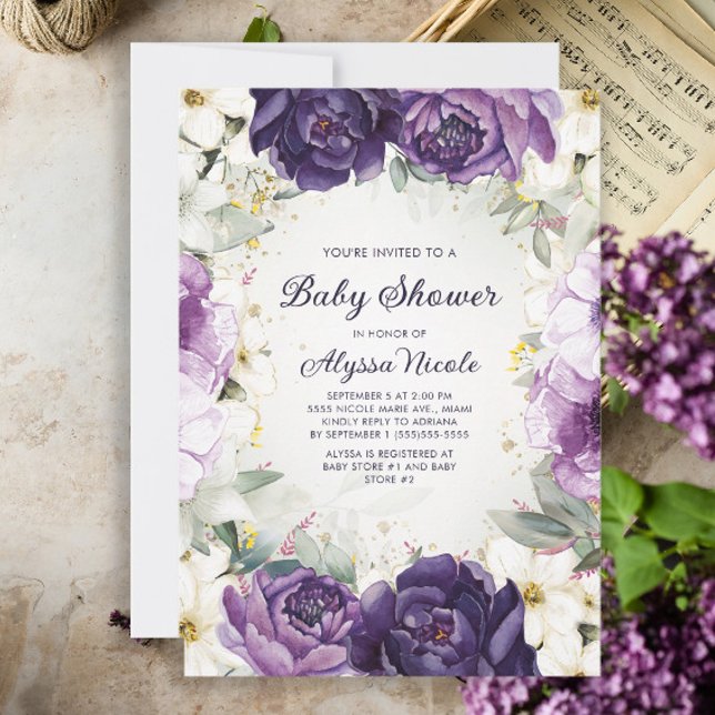 Elegant Purple White Floral Glitter Baby Shower In Invitation (Creator Uploaded)