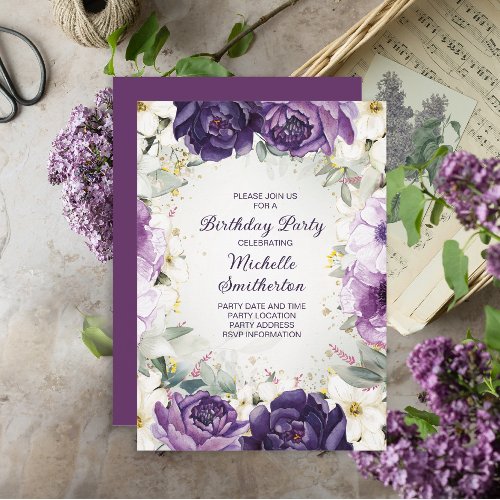 Elegant Purple White Floral Glitter Birthday Invit Invitation