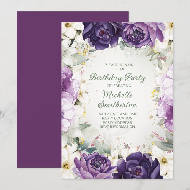Elegant Purple White Floral Glitter Birthday Invitation (Front/Back)