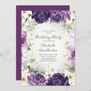 Elegant Purple White Floral Glitter Birthday Invitation