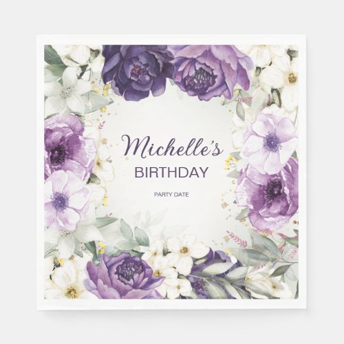 Elegant Purple White Floral Glitter Birthday Name  Napkins