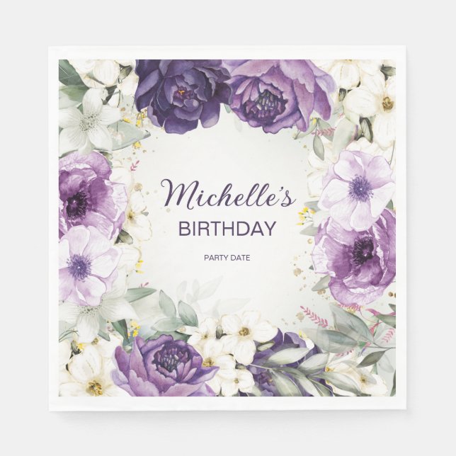 Elegant Purple White Floral Glitter Birthday Name  Napkins (Front)