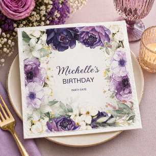 Elegant Purple White Floral Glitter Birthday Name  Napkins