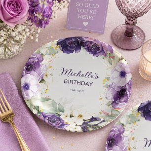 Elegant Purple White Floral Glitter Birthday Name Paper Plates