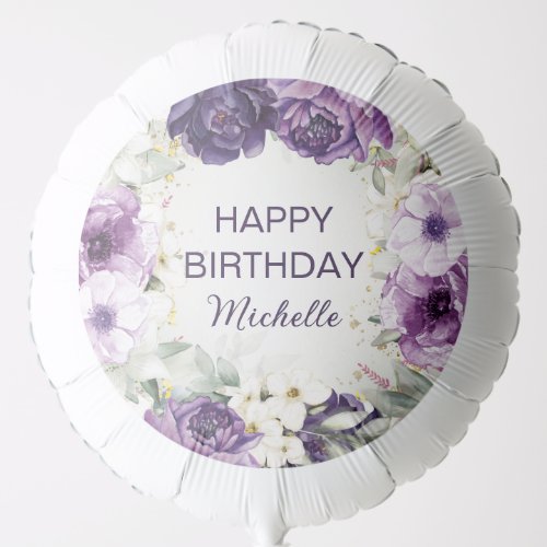 Elegant Purple White Floral Glitter Happy Birthday Balloon